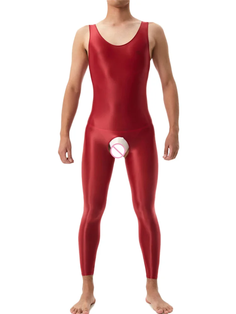 Sexy Crotchless Satin Oil Glossy Shiny Bodysuit Sheer See Through Yoga Tights Elastic Shaping Leotard Jumpsuit Candy Color