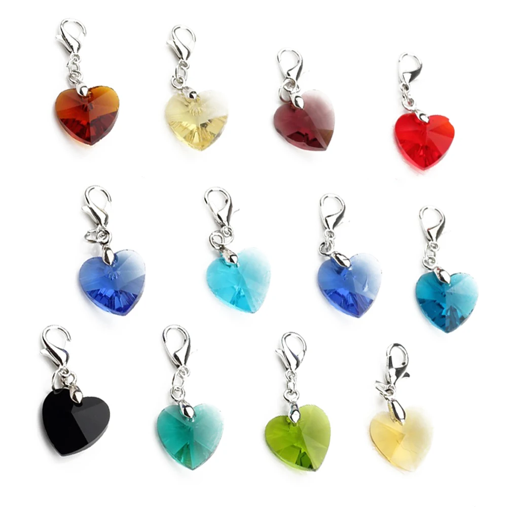 

5pcs 14mm Colorful Heart Crystal Pendants With Lobster Buckle Clasp For DIY Bracelet Earrings Charms Jewelry Making Accesories