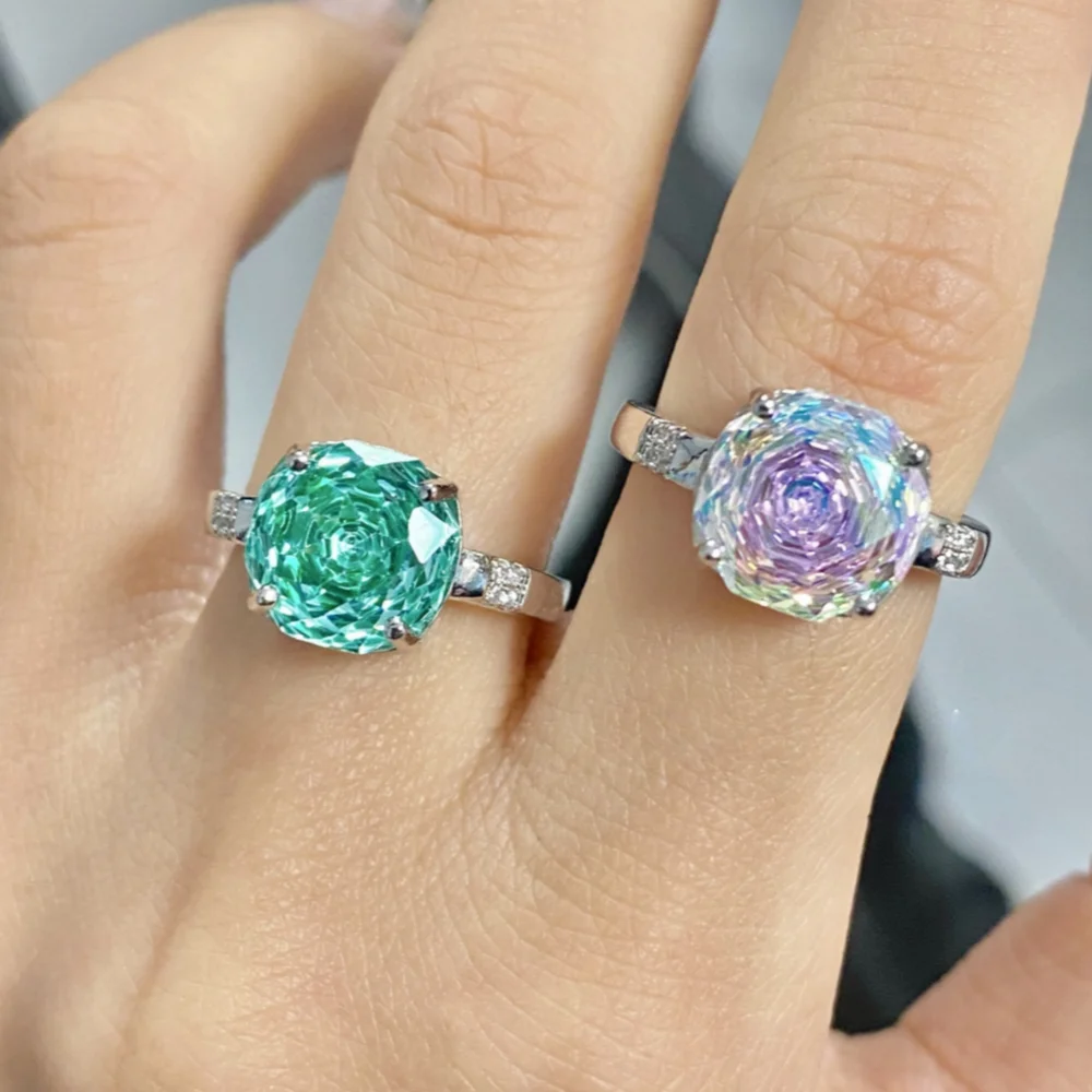 925 Sterling Silber Hochwertiger Luxuriöser Vielseitiger Achteckiger Rosenschliff Kristall Zirkon Farbverlauf Paraiba Ring für Damen – Detail 7