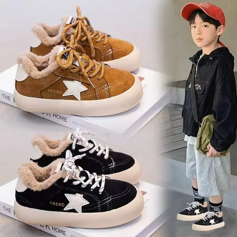 2026 Winter New Children's Shoes Girls Korean Style Wool Girl Cotton Shoes Thicken Velvet Warm Furry Kids Cotton-padded Shoes