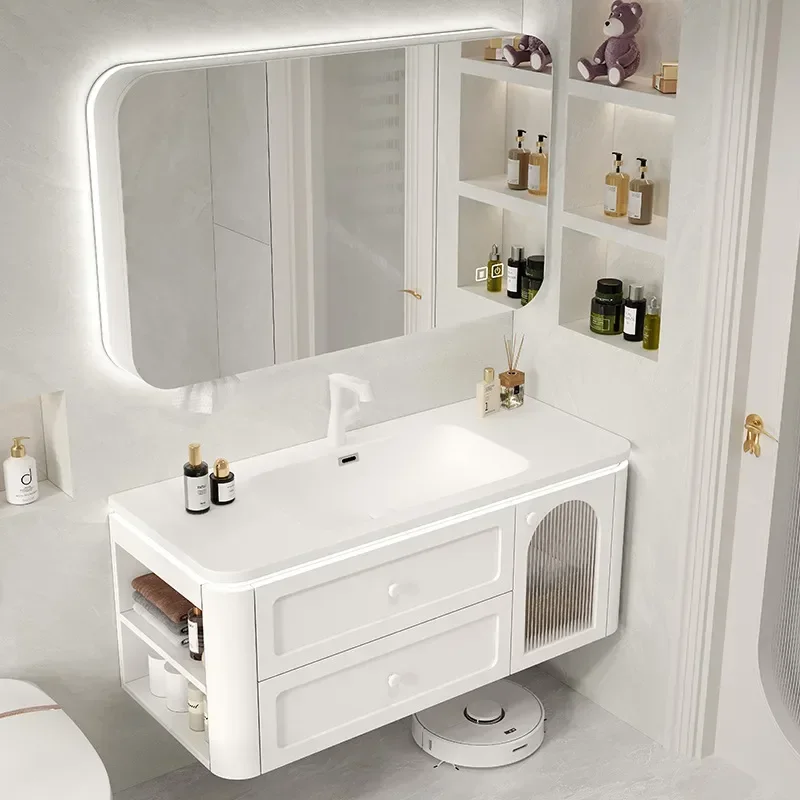 Modern Bathroom Vanity Cabinet with Corian Integrated Basin and Bear Shaped Mirror Simple Wall Mounted Washbasin Unit for