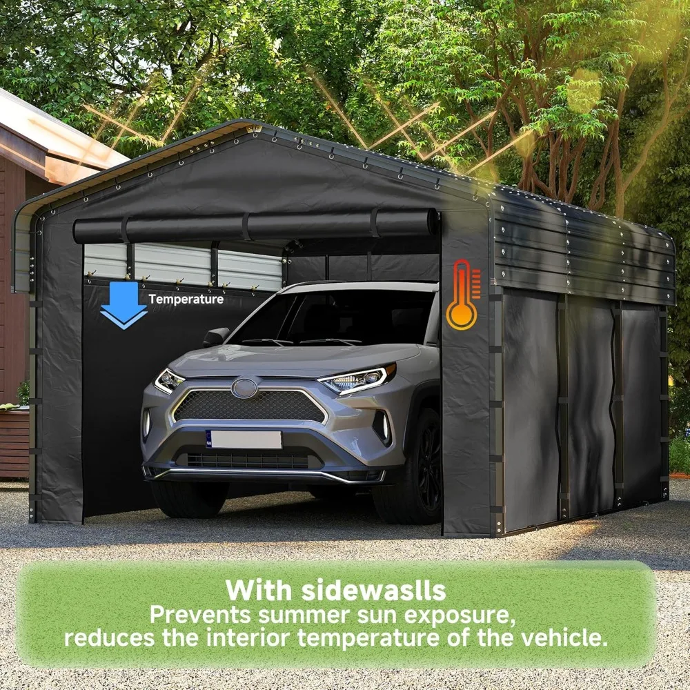 

10x15 Ft Heavy-duty Metal Carport, Galvanized Steel Roof, Removable Sidewalls, Grey