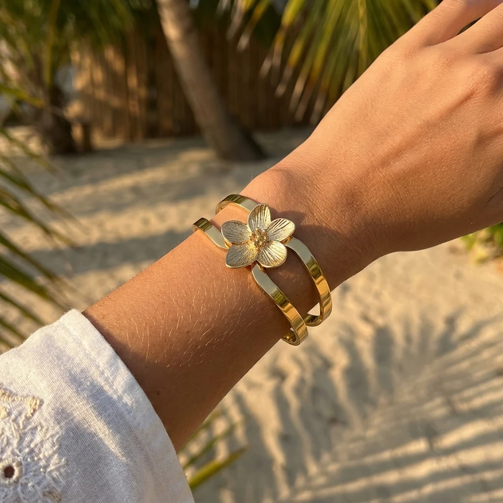 

French Luxurious Stainless Steel Pearl Flower Open Hand Bracelet Women Elegant Fashion Accessory Versatile Stylish Wristwear