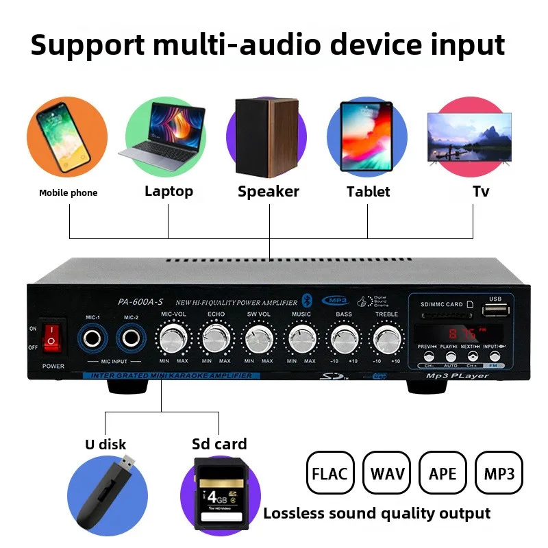 Горячий PA-600A-S автомобильный домашний усилитель мощности домашний мощный профессиональный Hi-Fi Bluetooth усилитель