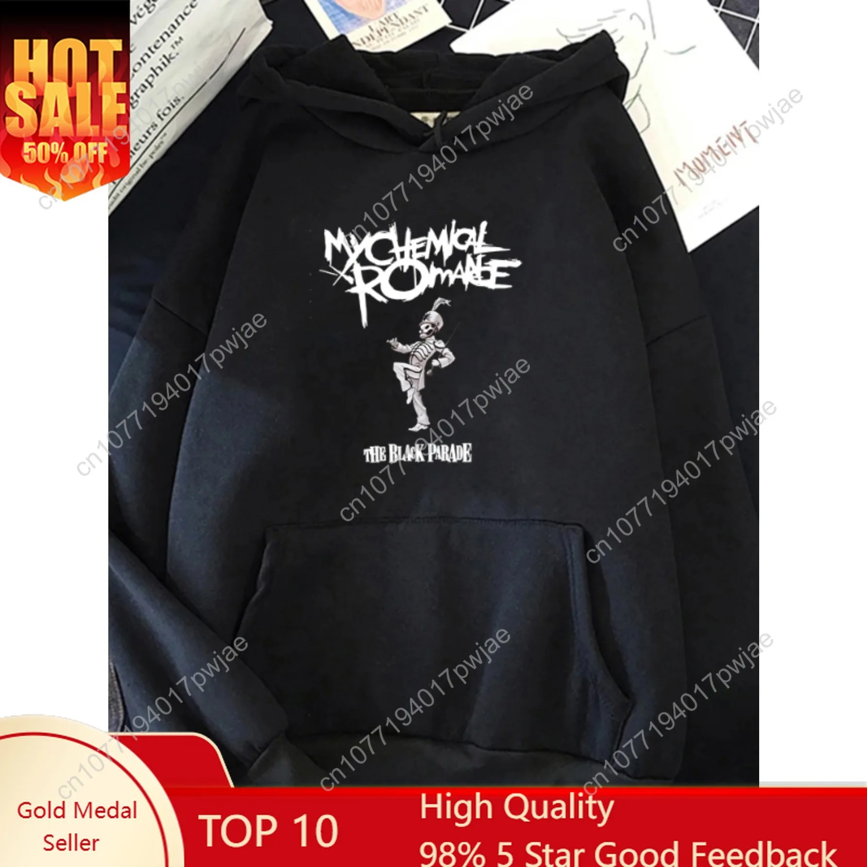 [Sudadera con capucha unisex punk rock] Sudadera con capucha de la banda punk rock - Jersey unisex negro de manga larga con gráfico "MY CHEMICAL ROME" |   Geométrico