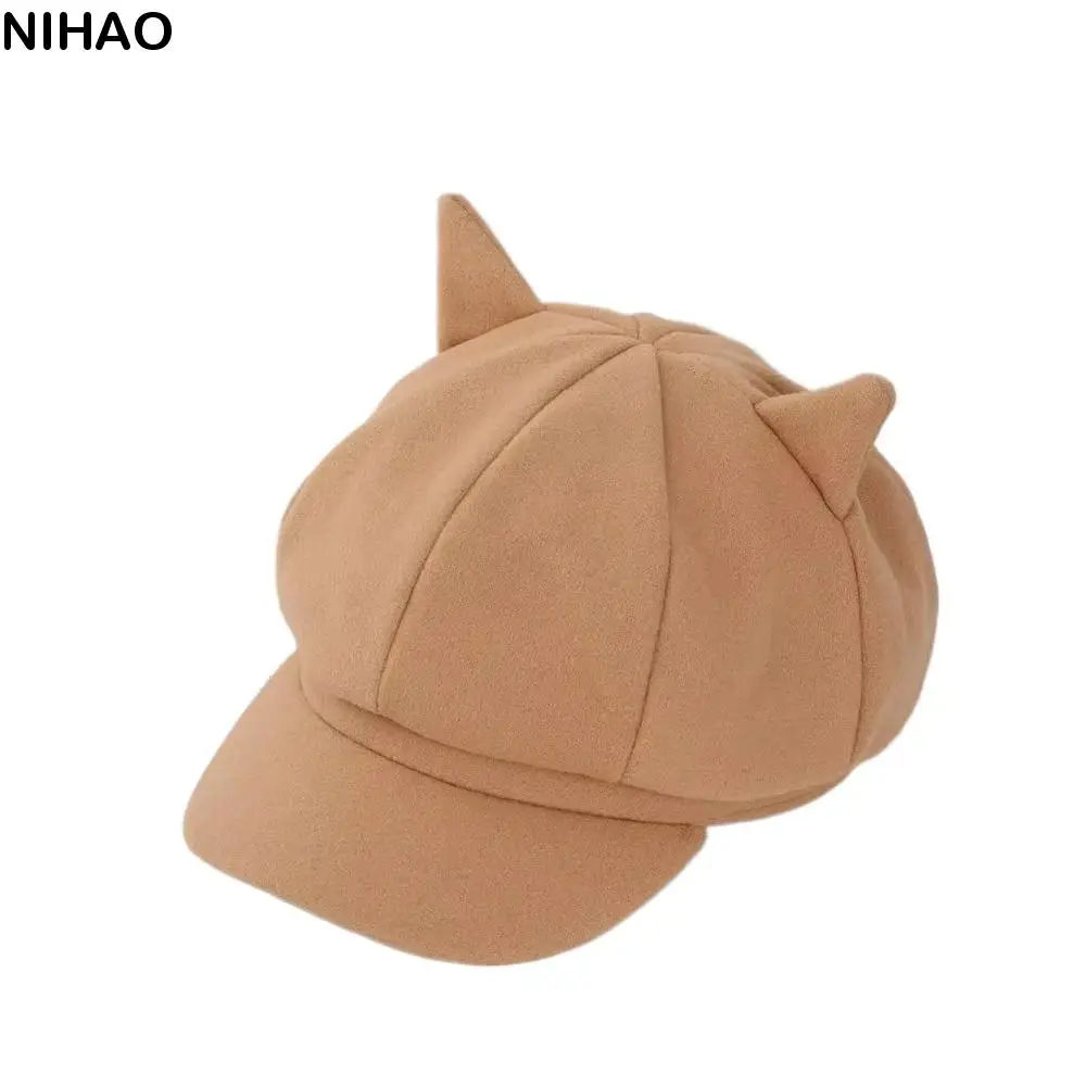 

Adjustment Cat Ear Hat Cute Cat Ears Solid Color Unisex Octagonal Cap Comfortable To Wear 8 Panel British Beret Hat For Men