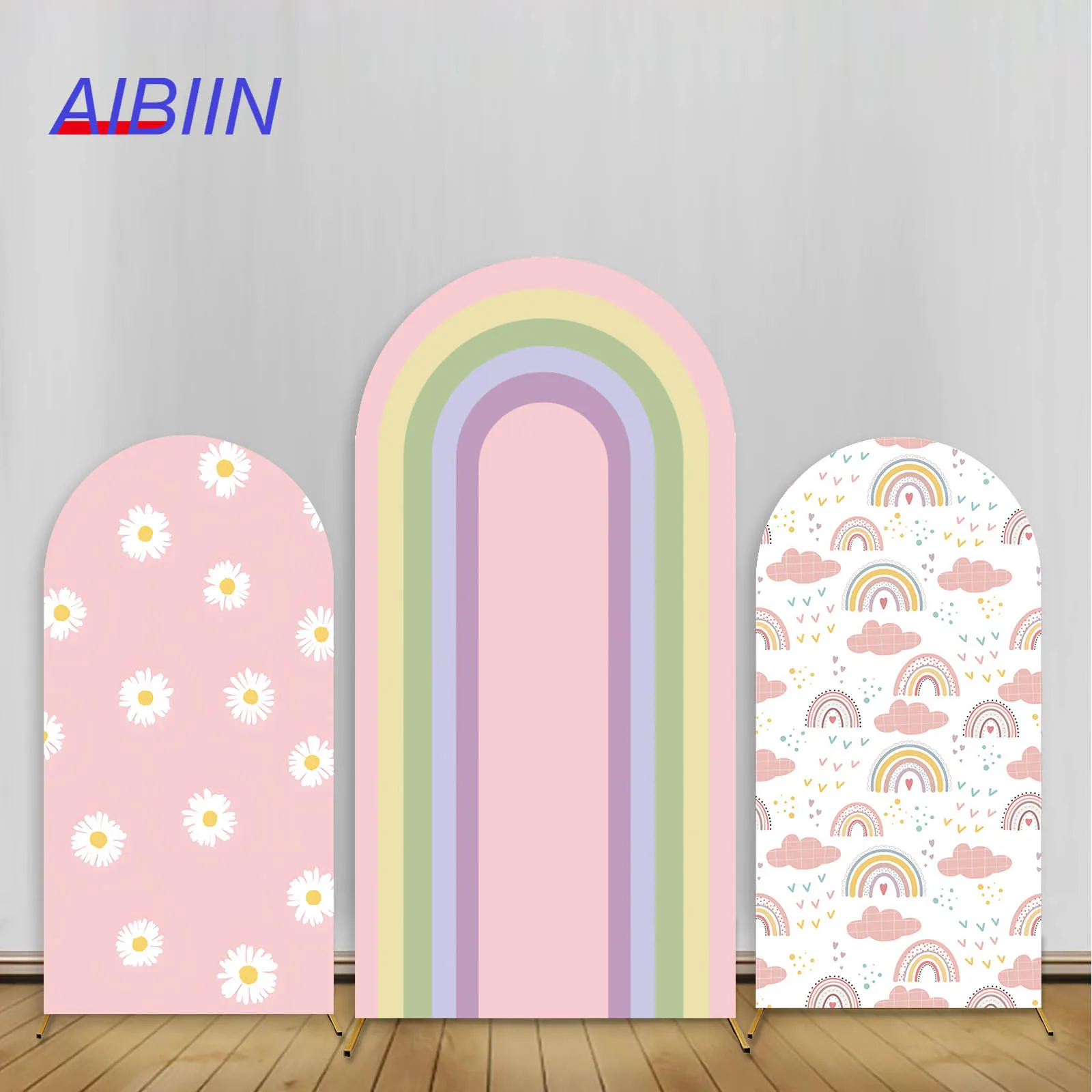 Rainbow Stripe Arch Backdrop Cover Daisy Pink Cloud Rainbow Stars Party Decorations Kids Birthday Baby Shower Photo Background