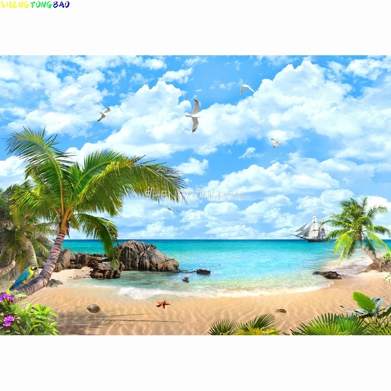 Sandy Beach Holiday Summer Digital Photography fondale Prop albero di cocco paesaggio finestra Studio fotografico sfondo JK-11