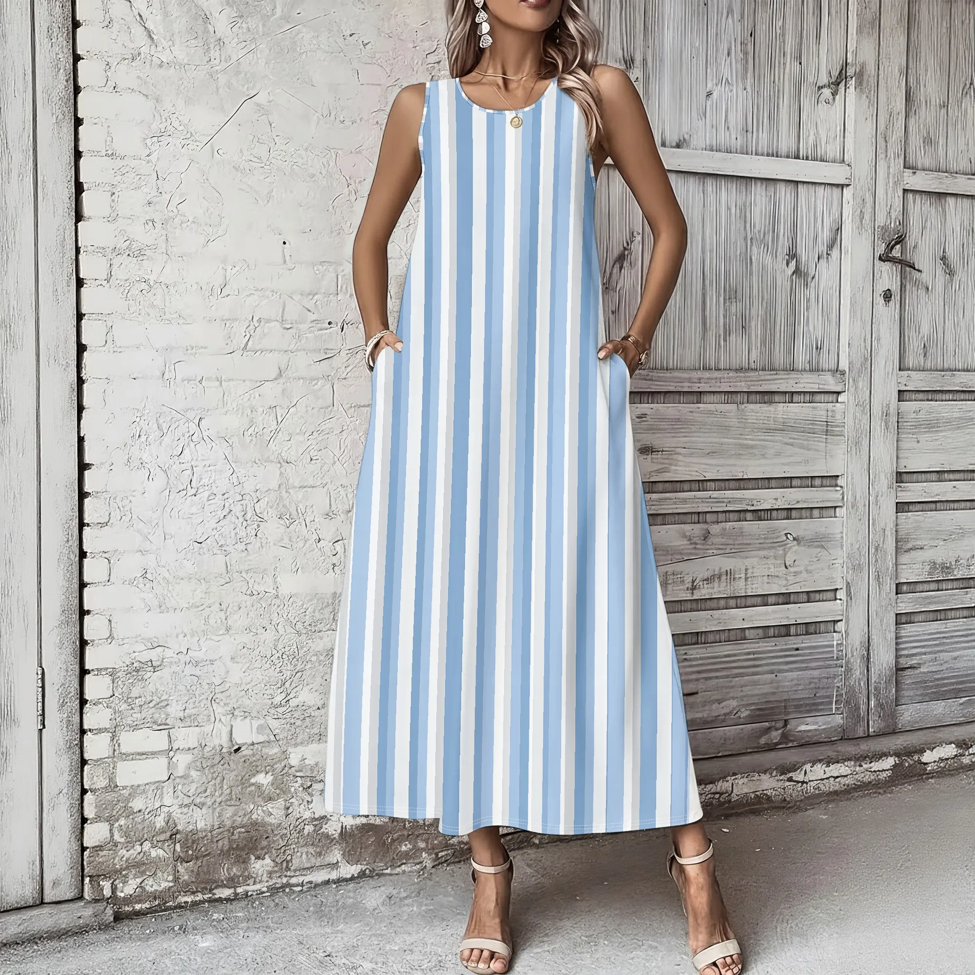 Striped Sleeveless Dress, Vertical Pattern Maxi Dress, Pockets Summer Sundress, Beach Vacation Casual Wear, S-2XL