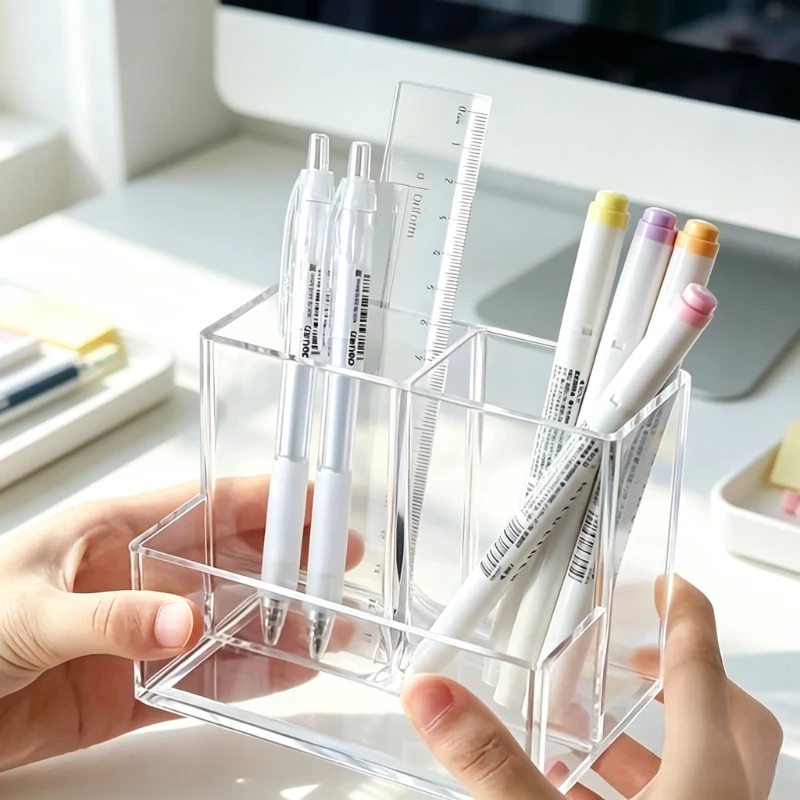 Transparent 3-Compartment Pens Holder Acrylic Desk Organizer Pens Pencils Markers Desktop Storage Box for Office School Supplies