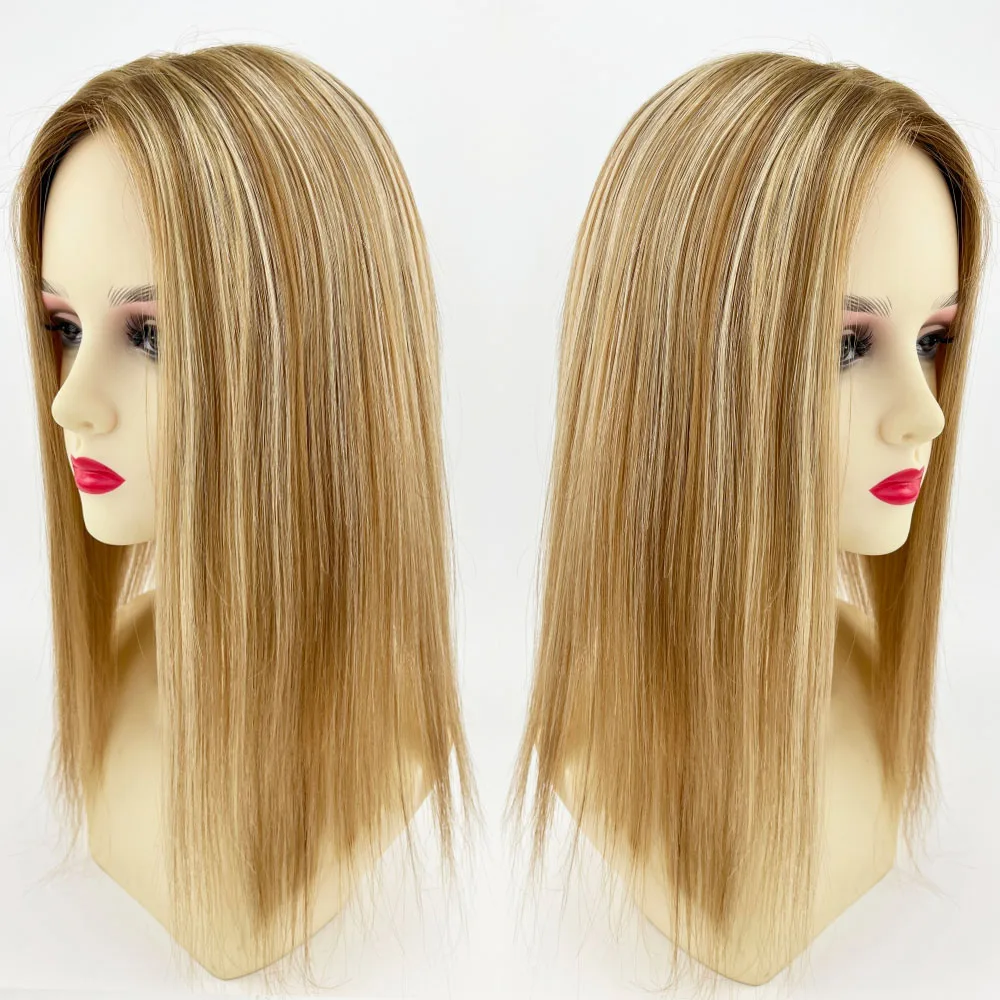 9x14cm 16inch Highlight Blonde Human Hair Cloure Silk Base Topper with Clips in Virgin European Human Hair Toupee