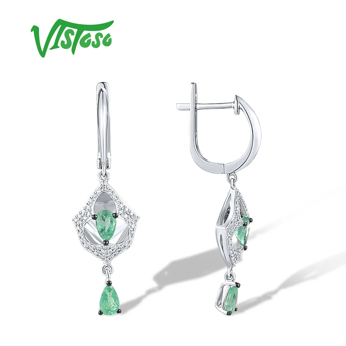 VISTOSO Real 14K 585 White Gold Long Earrings For Women Sparkling Diamonds Emerald Elegant Wedding Party Trendy Fine Jewelry