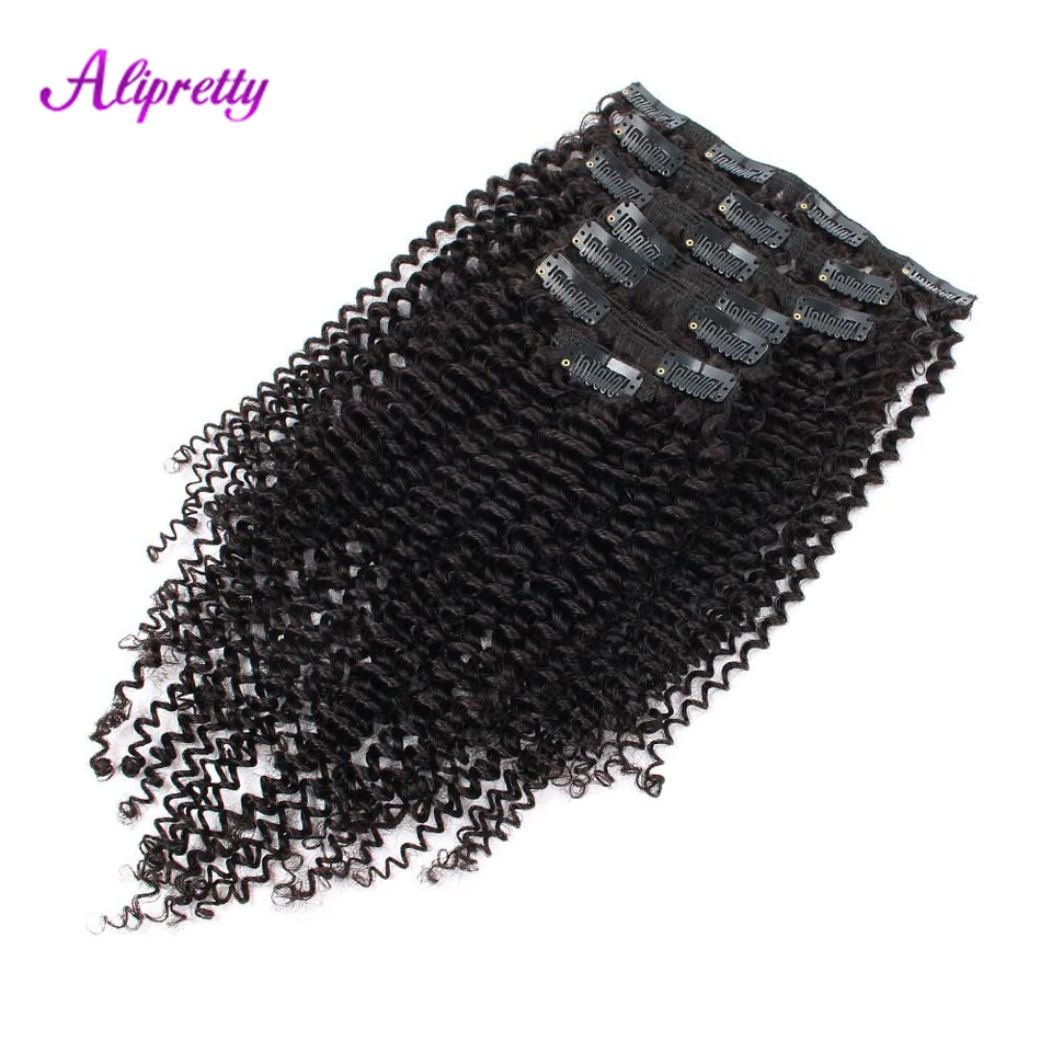 Alipretty-Pinces à cheveux crépus bouclés pour femme, extension naturelle, cheveux humains brésiliens Remy, tête complète