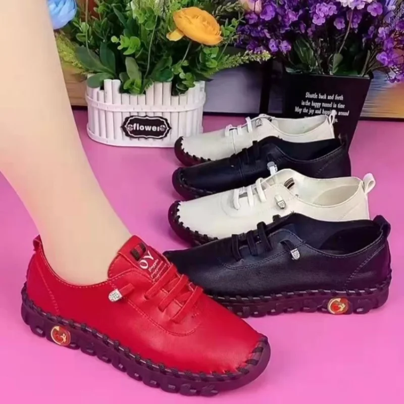 Women Spring Vintage Breathable Shoes Platform Loafers Lace Up Leather Hollow Slip-On New Fashion Casual Mom Shoe Zapatos Mujer