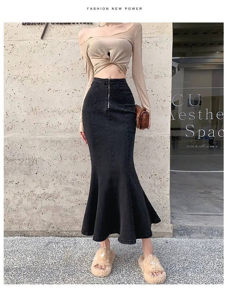 2026 Solid Slimming High Waist Midi A- Line Skirt Woman Trumpet Sides for Women Denim Half-length Skirt with Flounce