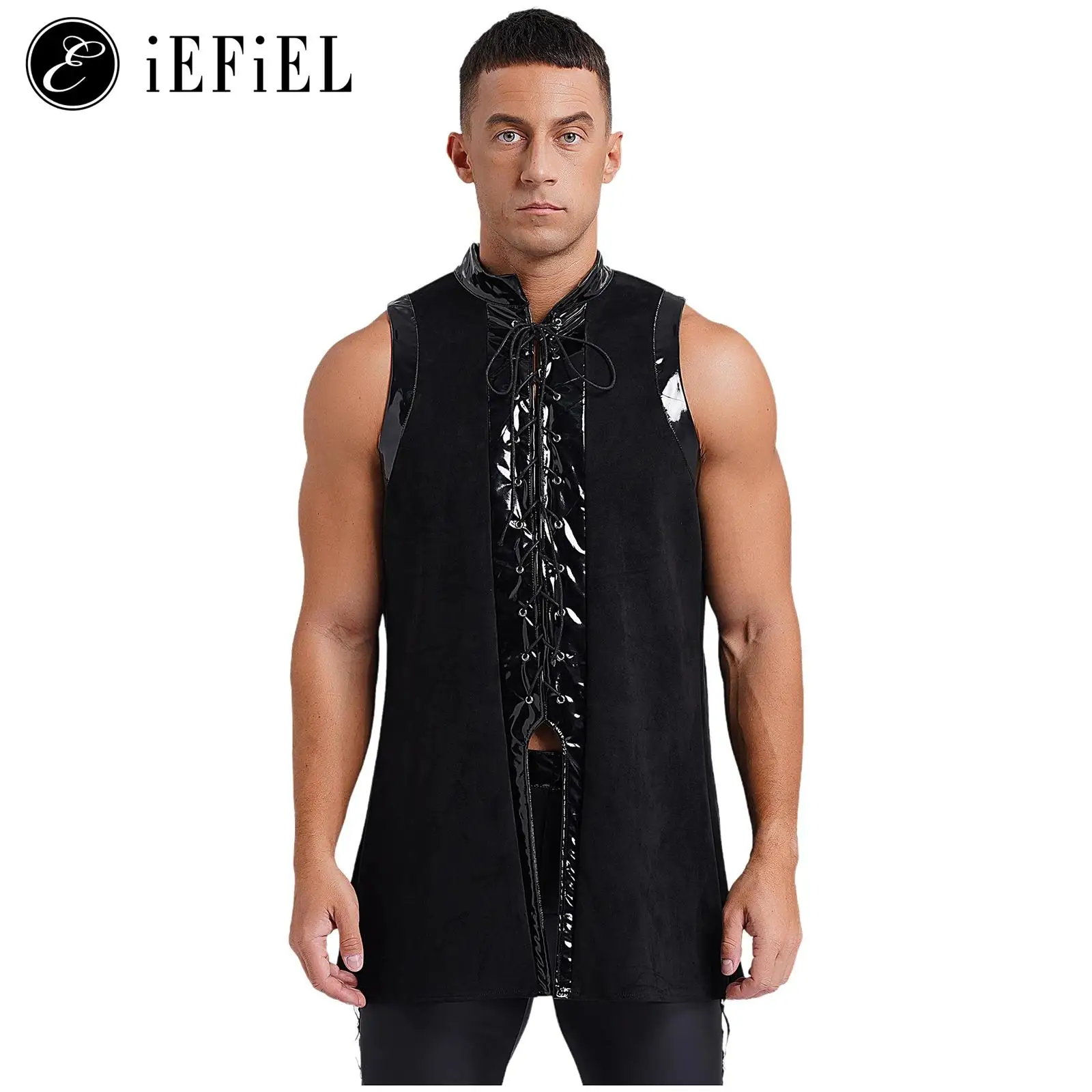 Mans Medieval Gothic Waistcoat Wetlook Leather Lace Up Sleeveless Vest Renaissance Steampunk Vampire Blazer Undershirts