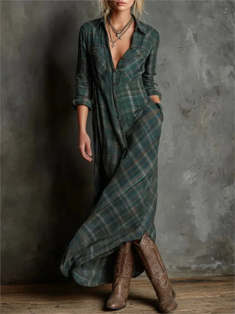 

Autumn New Buttons Plaid Print Party Dress Women Retro Patchwork Maxi Dress Casual Lapel Long Sleeve Ladies Pocket Dresses