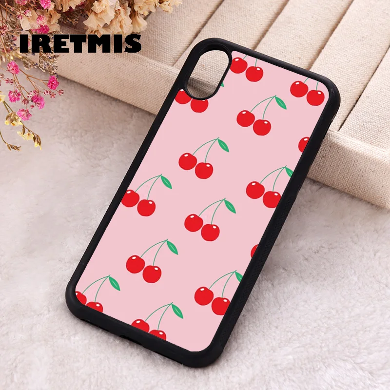 Iretmis Phone Cover Cases For iPhone X XS Max XR 11 12 13 PRO MINI 14 15 16 Plus Rubber Silicone Pink Cherries Cherry