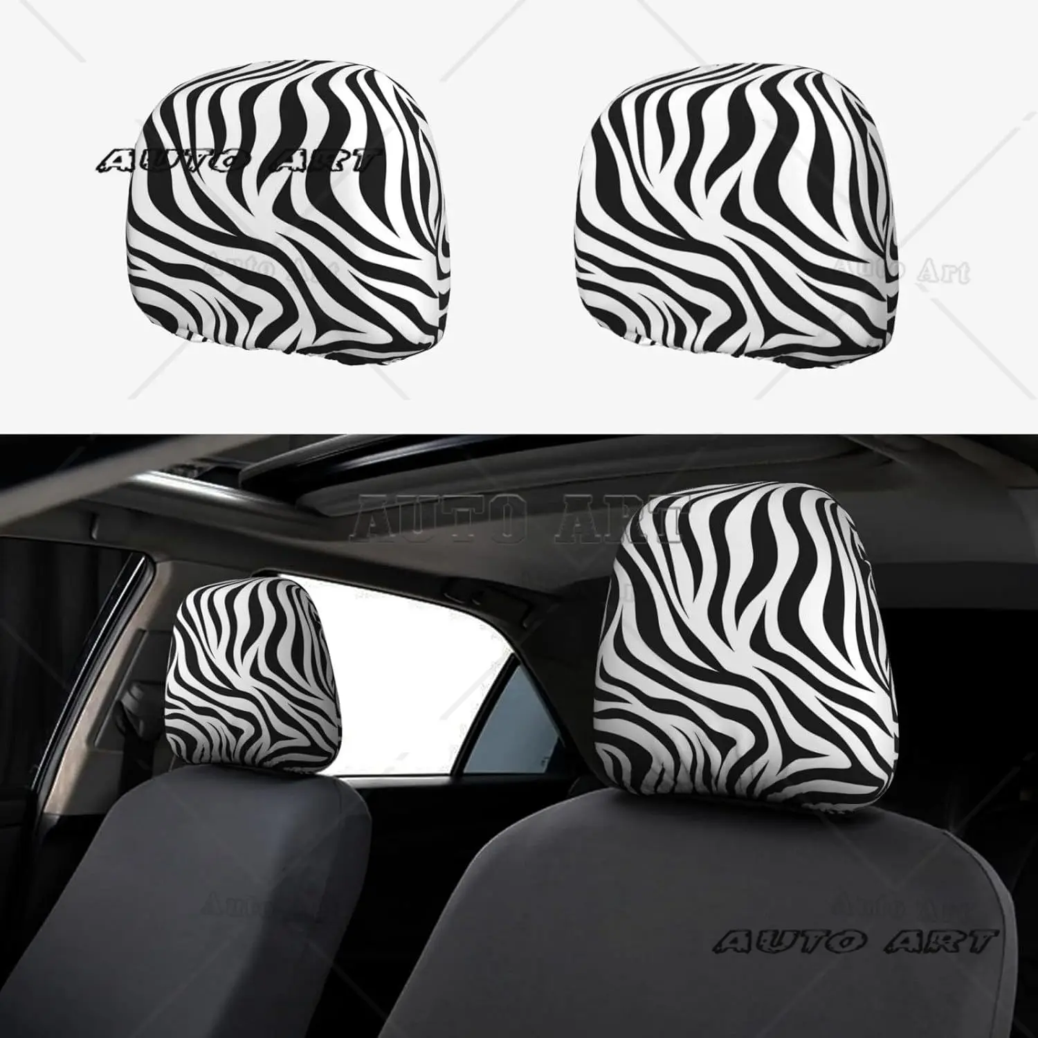 

White Black Zebra Print Pattern Car Headrest Covers Set of 2 Universal Automotive Seat Head Rest Cover Accessories for Car Truck