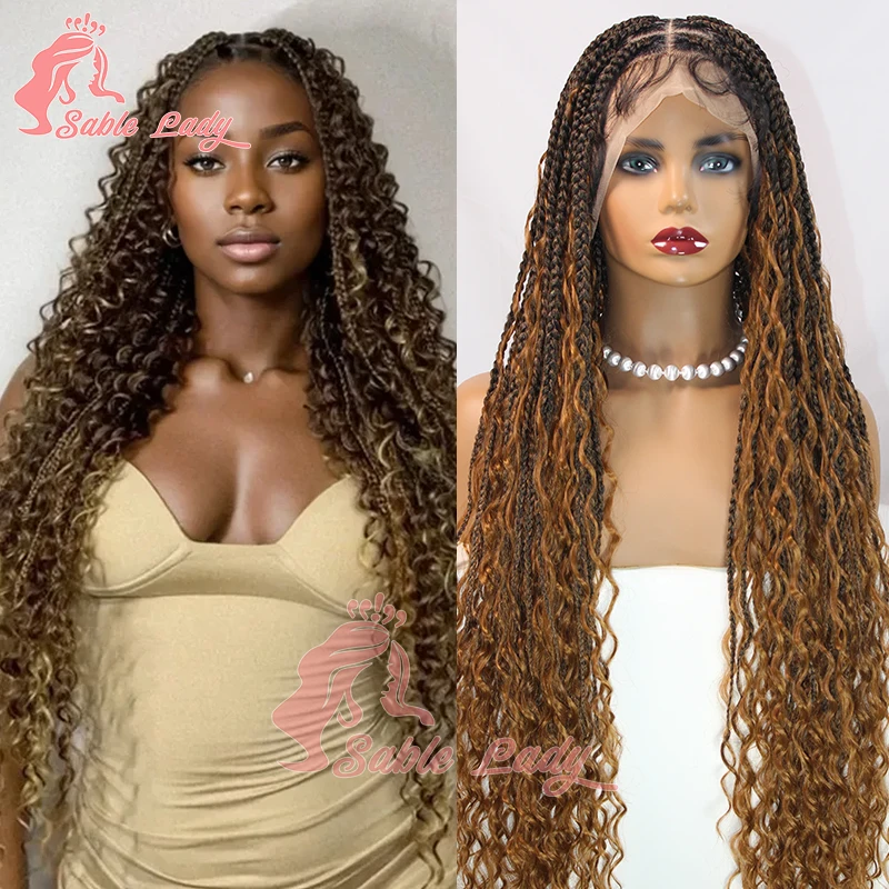 

Synthetic 36 Inch Box Braid Wig Knotless Ombre Blonde Bohemian Goddess Braided Wig Full Lace Crochet Cornrow Plaits Braids Wig