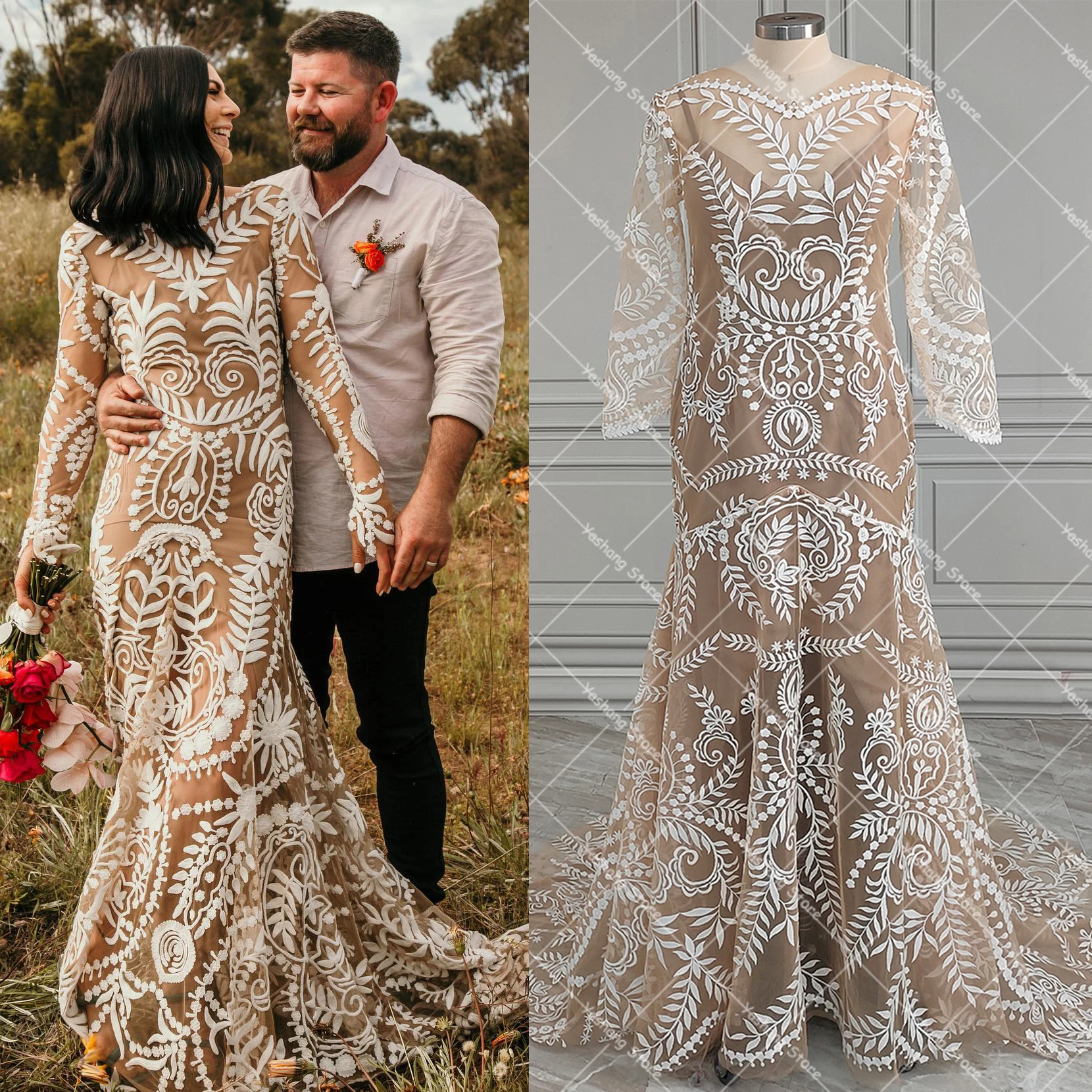 Jardim rendas mangas compridas vestido de casamento sobrepeso boho tan duas peças personalizado sereia rústico aberto volta v pescoço vestidos de noiva