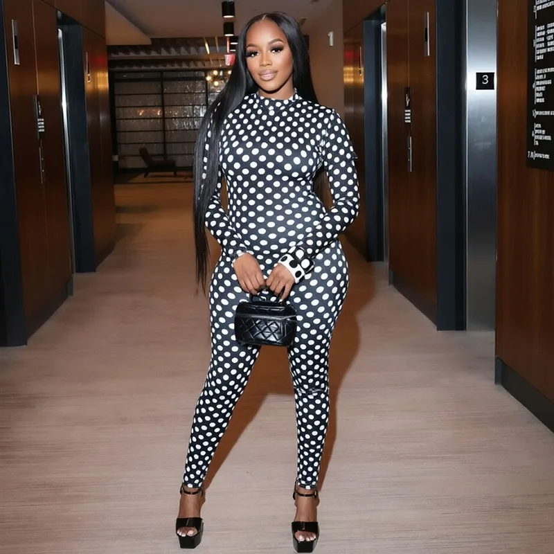 Women Printed Long Sleeve Jumpsuit, Mock Neck Open Back Slim Fit Romper Outfit