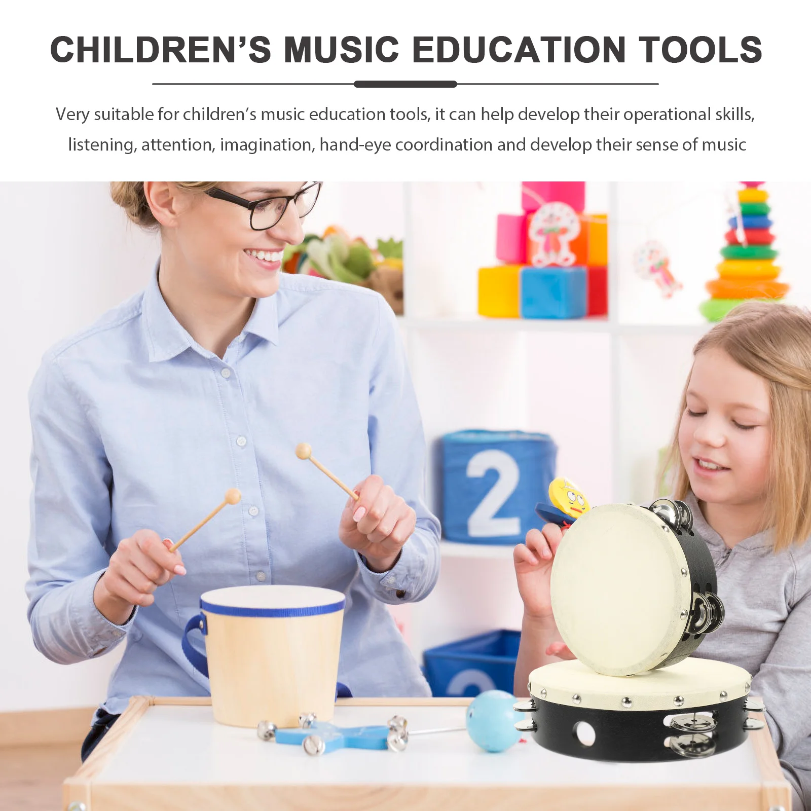 

2 Pcs Hand-rock Tambourine Set Instruments Kid Musical Portable Kids Tambourines for Children Solid Wood Rhythm Percussion
