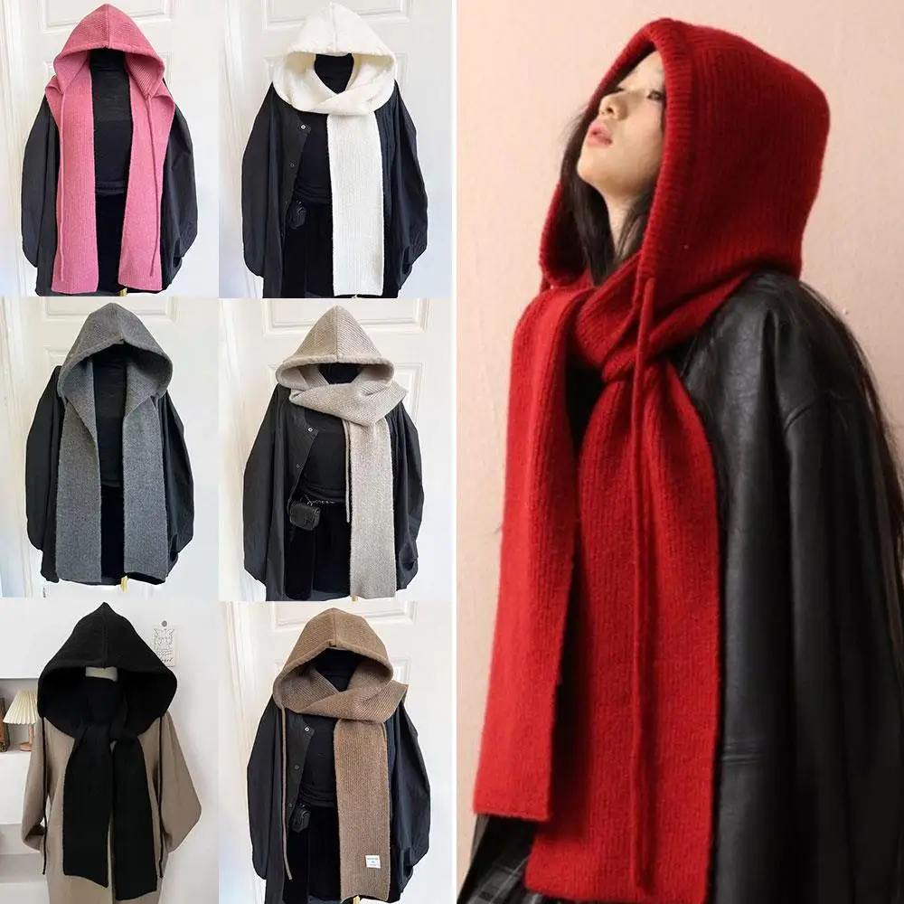 

Windproof Turban Scarf Hat And Scarf All In One Student Scarf Hooded Scarf Shawl Warm Thick Solid Color For Women Versatile Hat