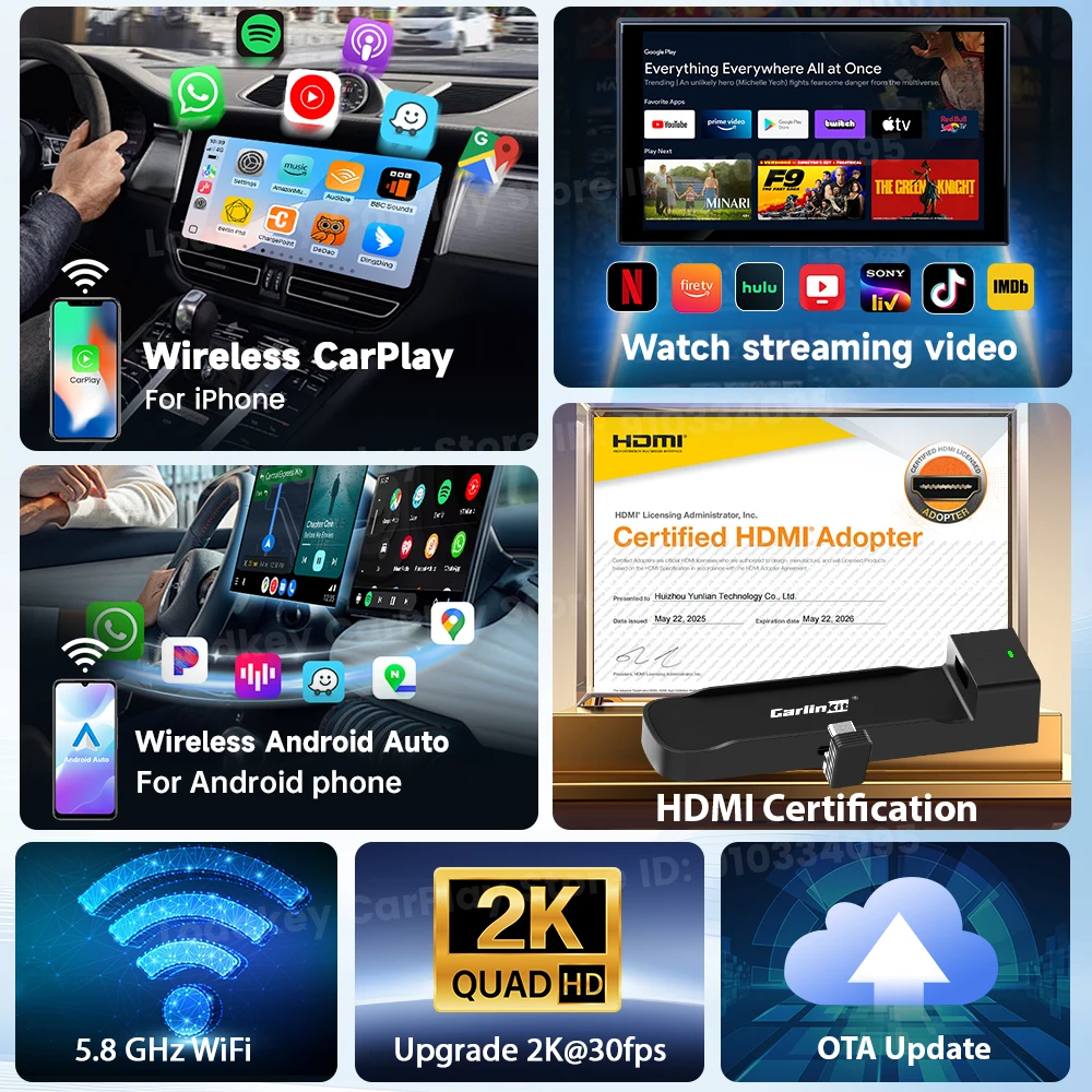 Adaptateur Carlinkit filaire CarPlay vers HDMI pour vidéos Fire TV Stick, boîte de Streaming HDMI, connexion plus rapide, prise en charge 2K des appareils HDMI, 2025