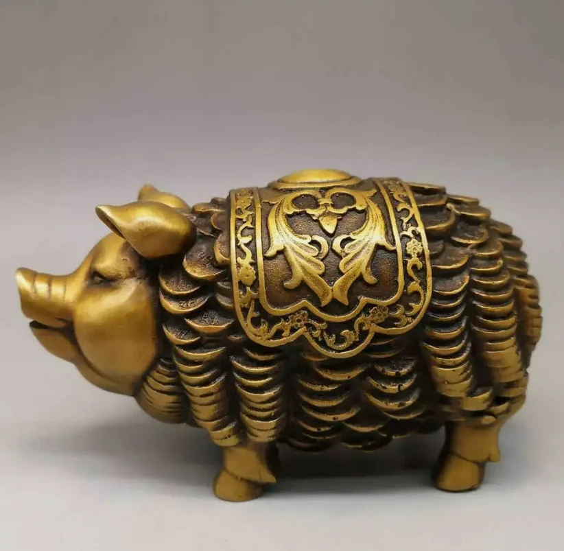 VINTAGE BRONZE HANDCARVED PIG STATUE WEALTH MONEY COIN ~WISH U WEALTH