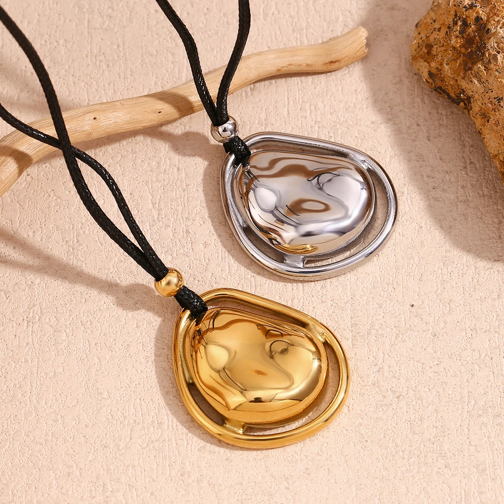 E.B.belle Double Layered Meteorite Stone Pendant Necklace 316L Stainless Steel Necklace 18K Gold Plated Accessories