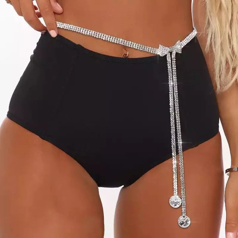 

Senior luxury nightclub rhinestone bow long fringe waist chain sexy glamorous coin pendant beach body chain accessory women