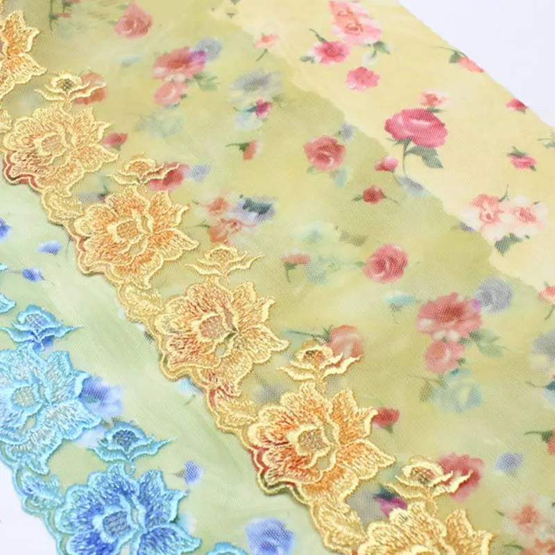 

25 ярдов нейлонового тюля с цветочной вышивкой, кружевная тесьма, сине-желтая кружевная ткань для женских платьев и нижнего белья