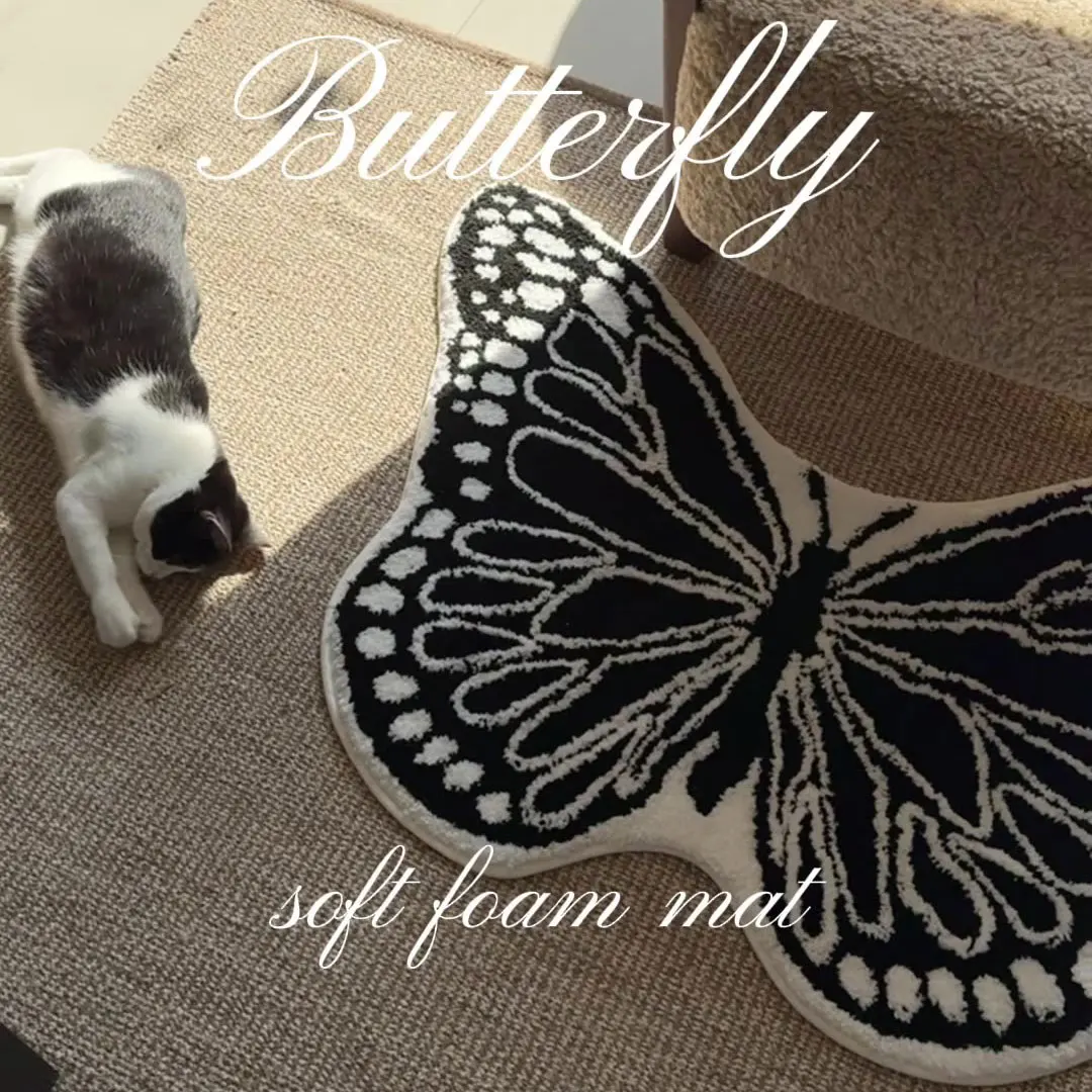 Black White Butterfly Flocked Rugs Soft Non-Slip Rug Modern Monochrome Floor Mat for Kids Room Living Room Decor Tufted Carpet