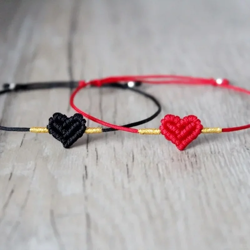 Pulsera de cuerda de corazón negro y rojo, joyería hecha a mano ajustable, regalo de amistad, hermana y amiga, pareja