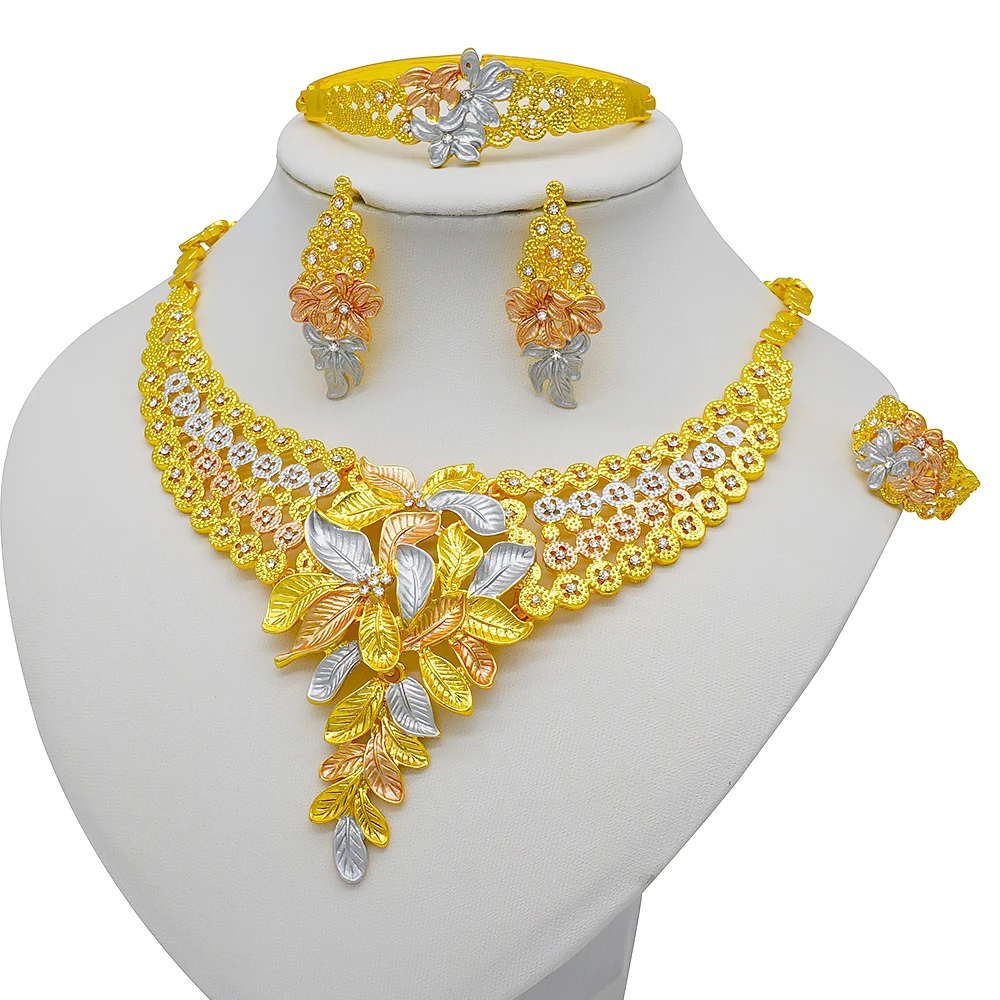 Fashion Dubai Gold Color Jewelry Sets Wedding Bridal African Flower Necklace Earrings Bracelet Sets Wedding Party