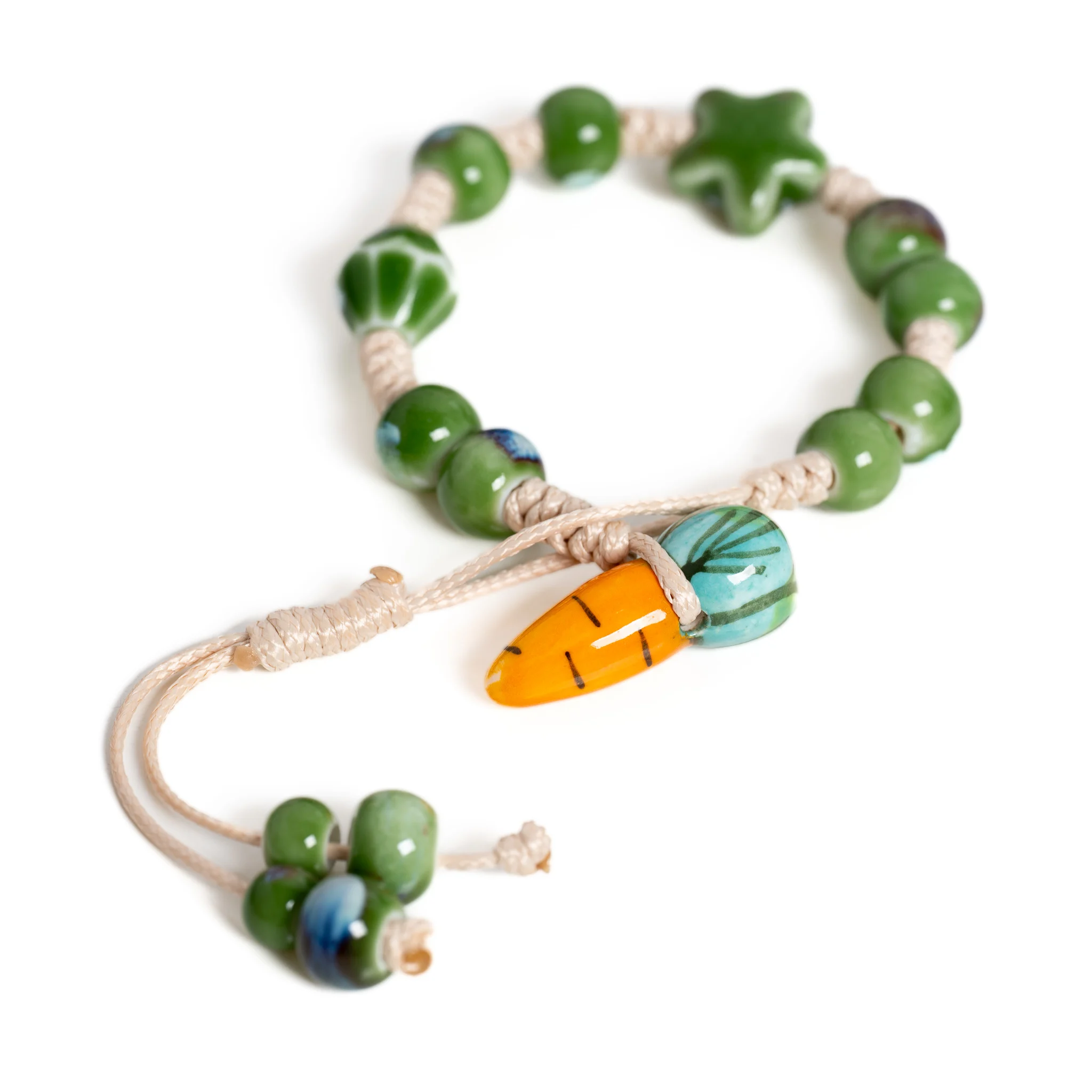 Green Star Ceramic Bead Bracelet Adjustable 16–24cm Handmade Macrame-Style Jewelry with Gourd Beads S02-064