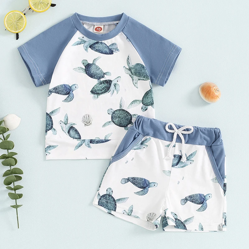 Baby Boy Ocean Turtle Shorts Set Round Neck Raglan Shirt Drawstring Pockets Elastic Waist Short Outfit