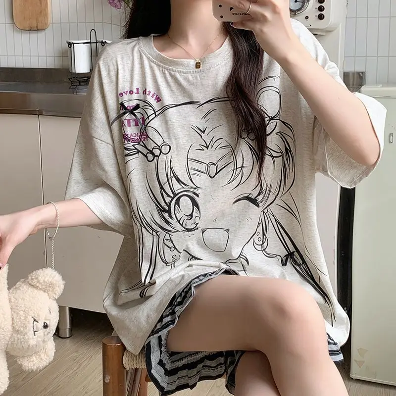 Beautiful Girl Warrior Printed Short sleeved Women\'s Pajamas Summer with Chest Cushion One Piece Outerwear Home Clothing Set