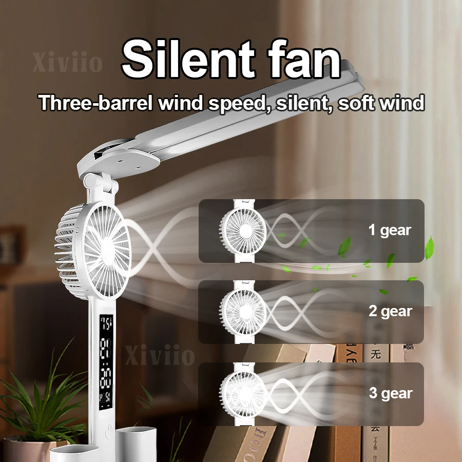 Rechargeable Table Lamp for Study, Desk Lamp Reading Light Led Table Light with Fan, Led Clock Dispaly Reading Lamp