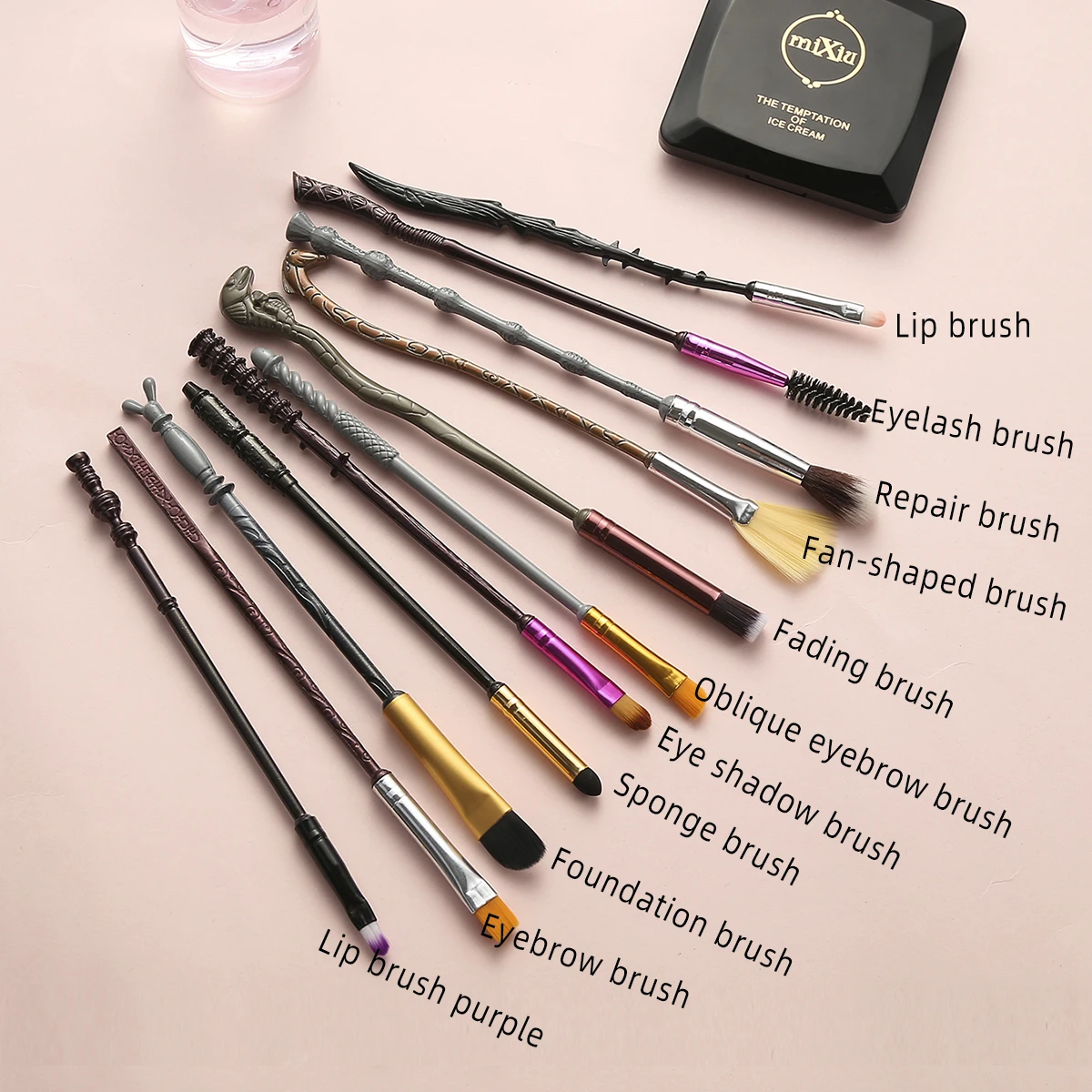 11 pezzi Set di pennelli per trucco con bacchetta della serie Harry Potter Pennello per trucco in metallo vintage Pennello per ombretto Regalo per feste di compleanno Occhio professionale