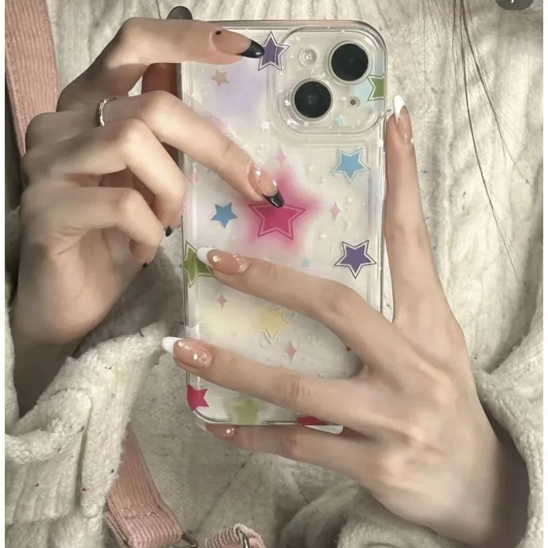 Ins Wind Colorful Stars Phone Case for IPhone 16 15 14 13 12 11 Pro Max 14 15 Plus Transparent Soft Cover Protection Back Cover