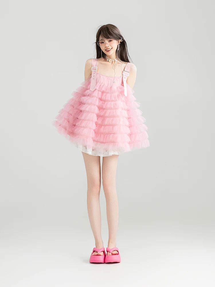 Estilo japonês doce kawaii rosa malha alças fofas mini vestidos soltos versáteis linha a babados em camadas vestido curto feminino verão