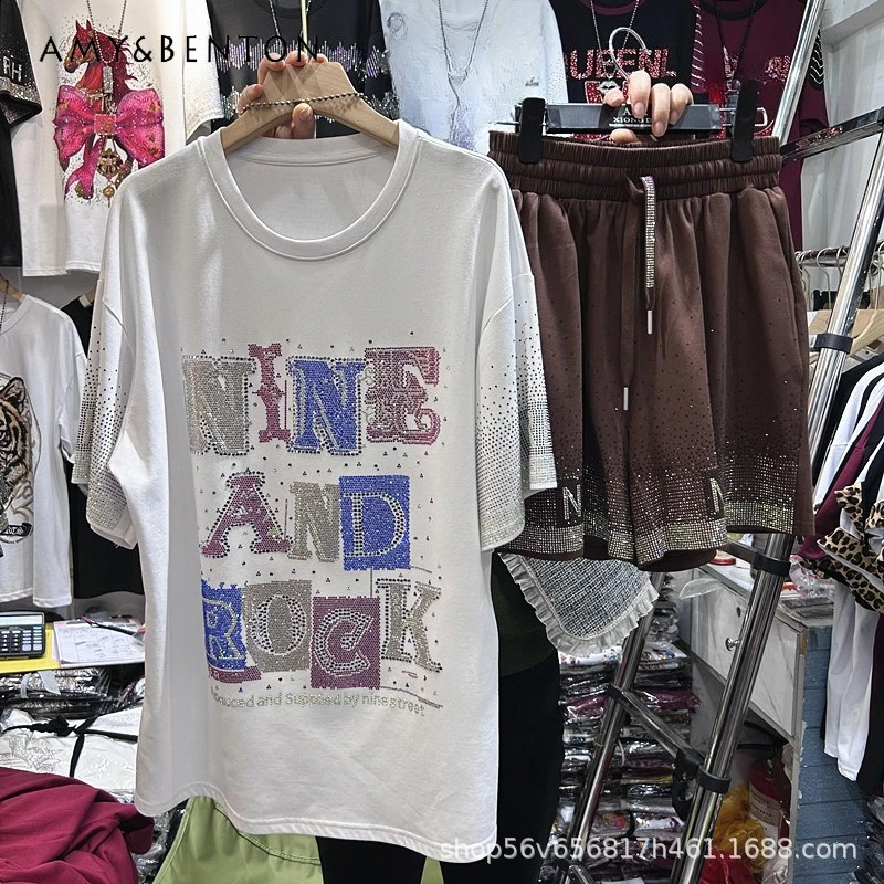 

Summer Heavy industry Rhinestone Letter Fashion Loose Short Sleeved T-shirt Top + Elastic Waist Wide-leg Shorts Two-pieces Sets