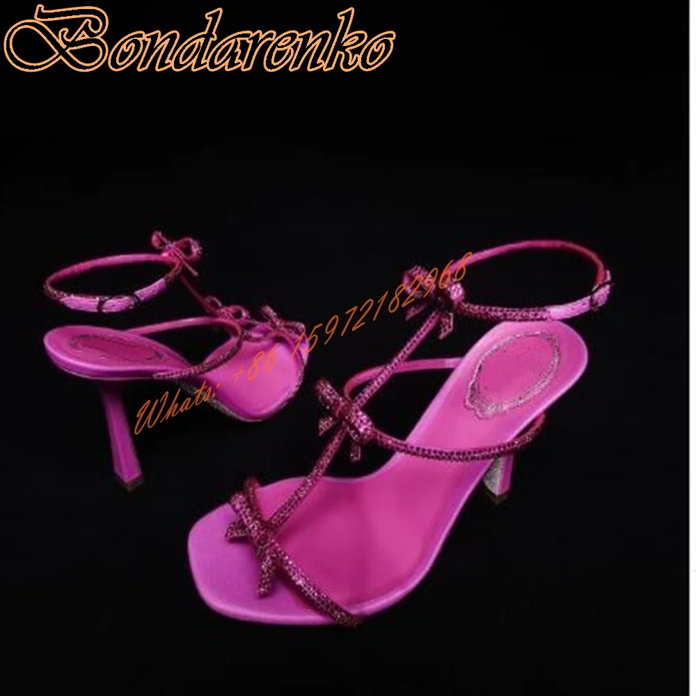 Stud Bow Knot Crystal Sandals Open Toe Colors Stiletto Heels Straps Hollow Buckles Sandals Summer Women Sexy Shoes Party Shoes