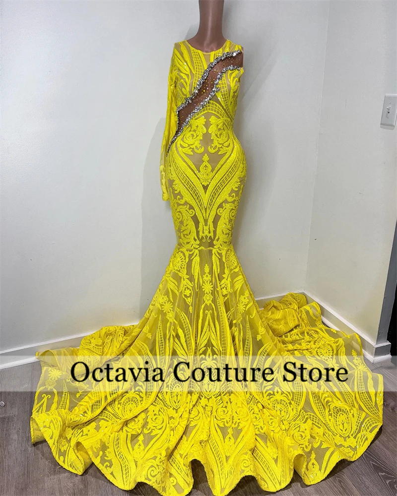 

Yellow O Neck Long Prom Dresses For Black Girls Bead Appliques 2024 Birthday Luxury Dress Graduation Gown With Sleeve Customized