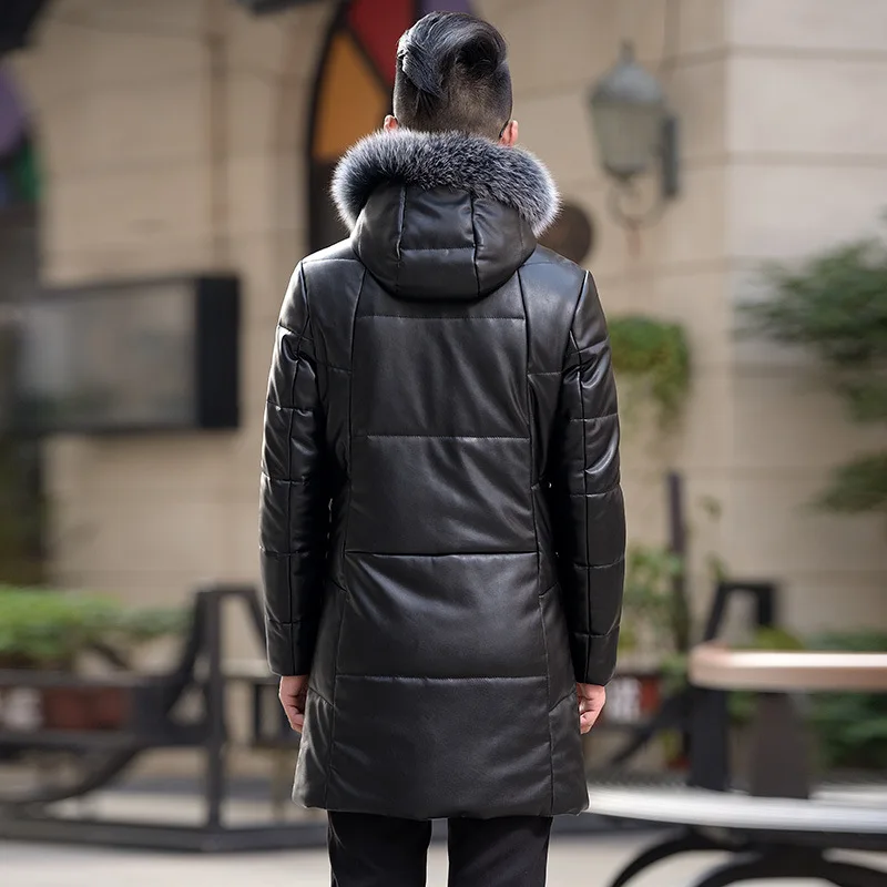 Winter Mid Long Puffer Jacket Men Leather Hooded Fox Fur Collar Duck Down Jacket Men Genuine Leather  Down Jacket Sheepskin Coat