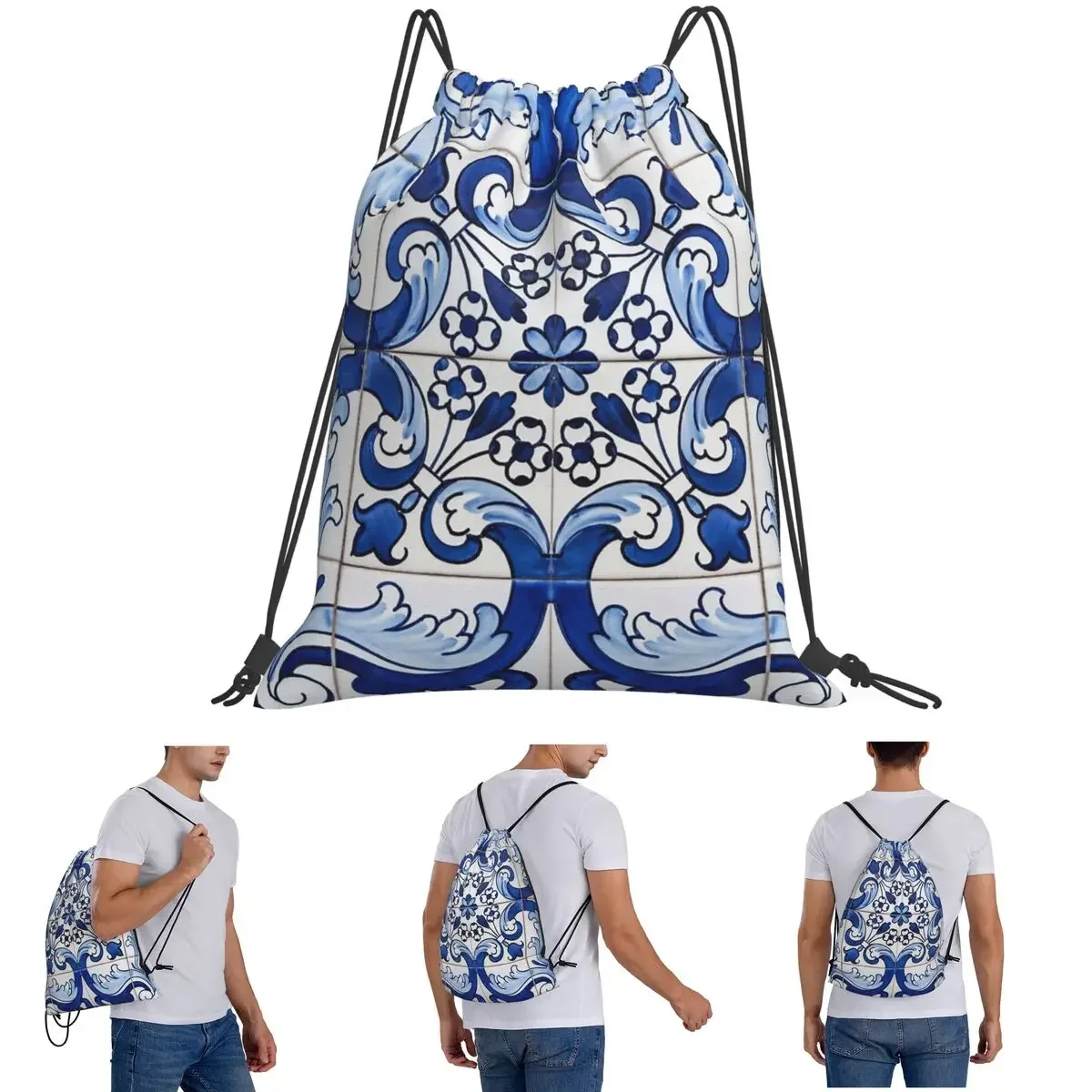 

Антикварные классические рюкзаки Lisbon Blue Azulejo с цветочным узором, повседневные сумки на шнурке, сумка для хранения, сумки для книг для путешествий, школы