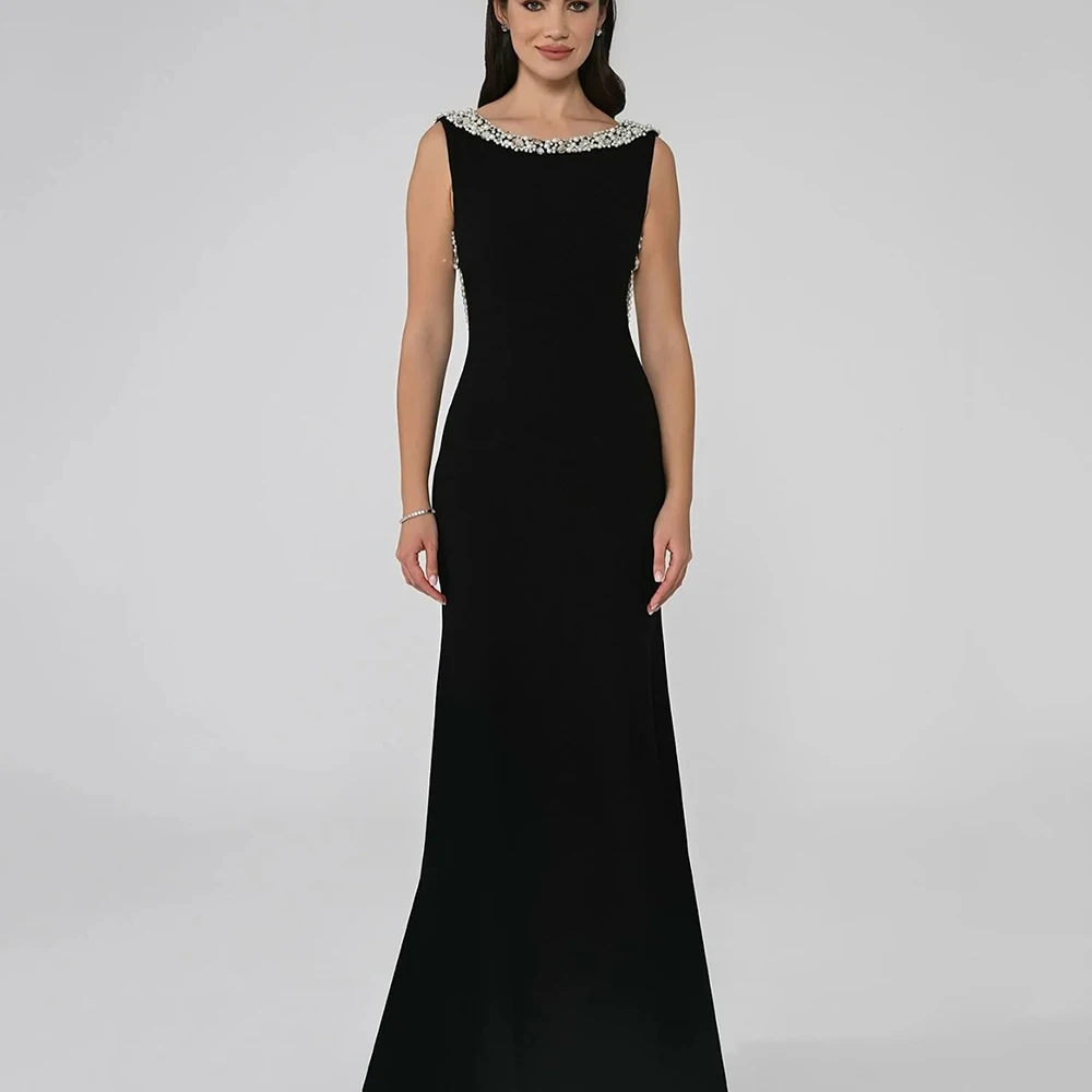 Customized Black Jersey O-neck Mermaid Evening Dresses With Sequined Backless Sleeveless Floor Length Party Prom Gowns For Women