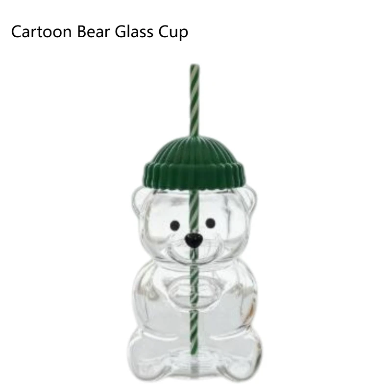 زجاج الدب الكرتوني 20 أونصة مع كوب ماء عالي البورسليكات مقاوم للحرارة من القش بتصميم لطيف للمنزل والمكتب